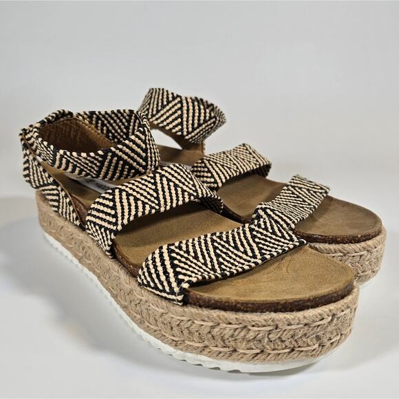 L Steve Madden Kimmie Flatform Espadrille Sandals Black Tan Womens Size 9 Jute - Picture 2 of 10